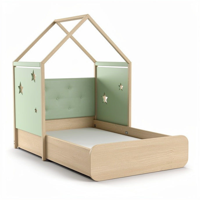 **Technische titel in het Nederlands: **Modern kinderbed met huisvorm en stermotieven**