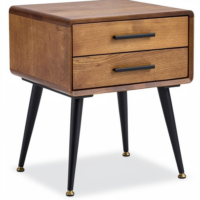 **Technische Titel in het Nederlands: Moderne Houten Nachtkast met Lades en Zwarte Poten**